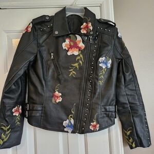 Black leather Floral Embroidered motorcycle jacket - Size S